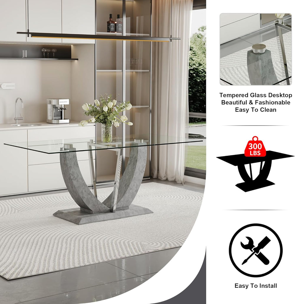71" Glass Dining Table for 6, Modern Kitchen Table with Tempered Glass T...
