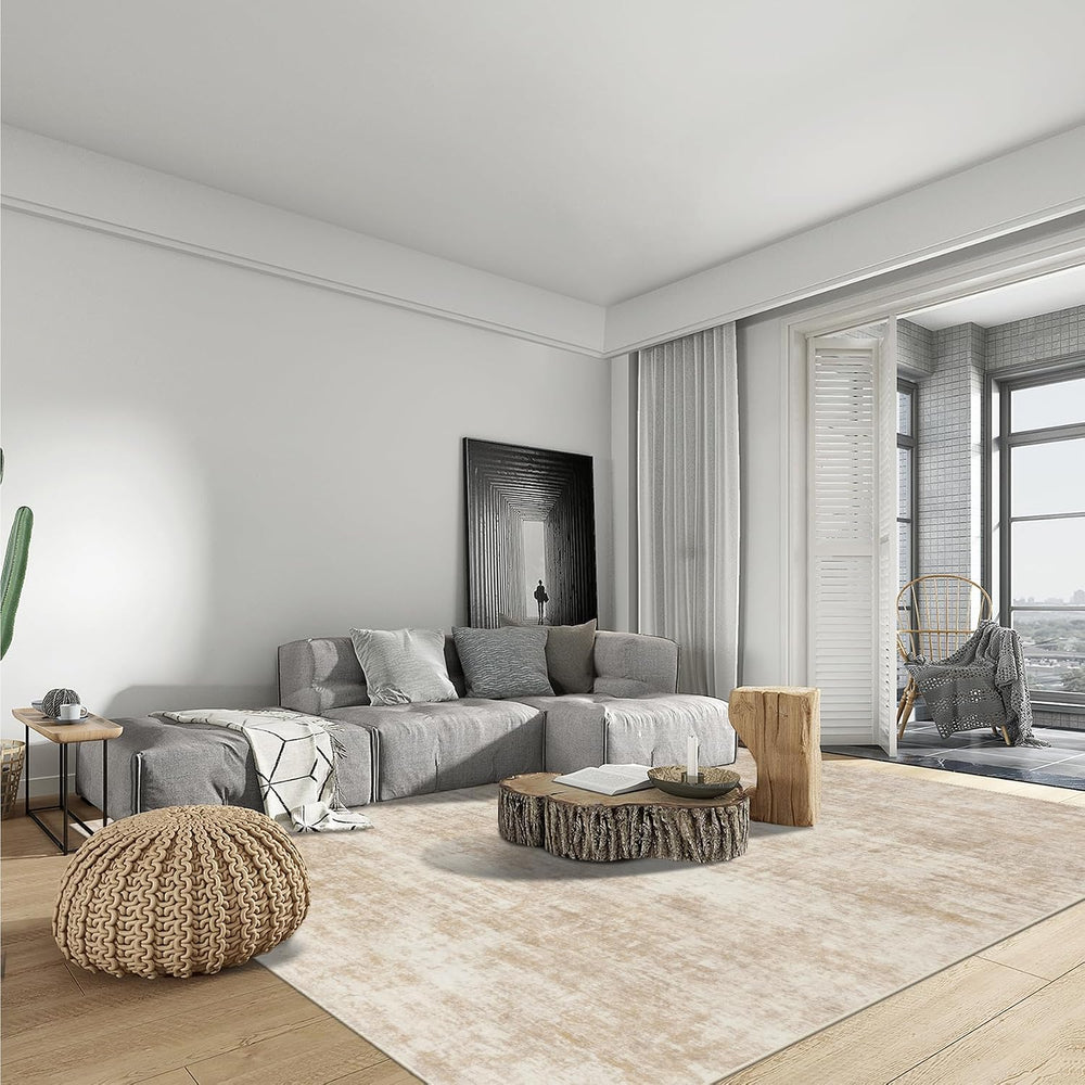9x12 Area Rugs for Living Room: Washable Abstract Beige Badroom Carpet