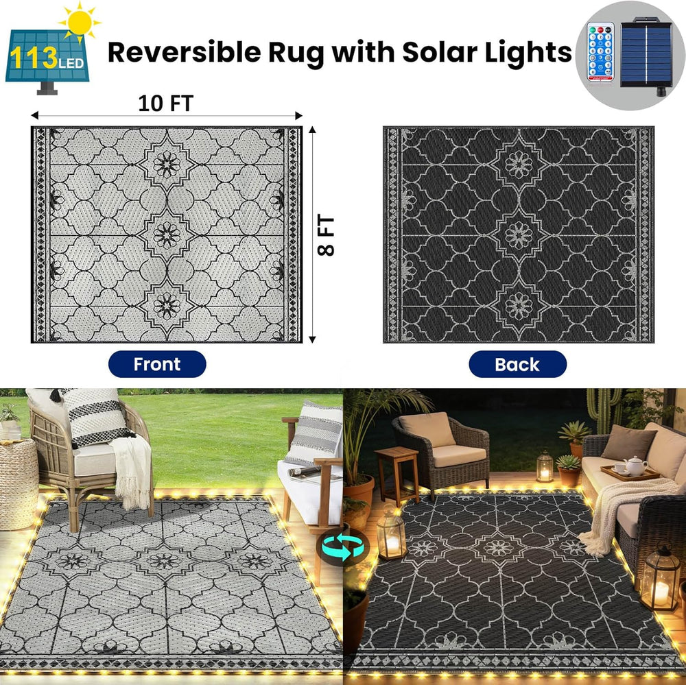 8x10Ft Outdoor Rug, Solar Powered Outdoor Rug with 113LEDs Strip Lights for H...