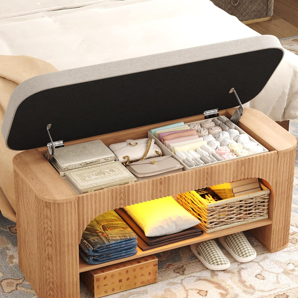 HOMEFORT 40.2" Fluted Storage Bench with Built-in LED Light, Flip-Top Sh...