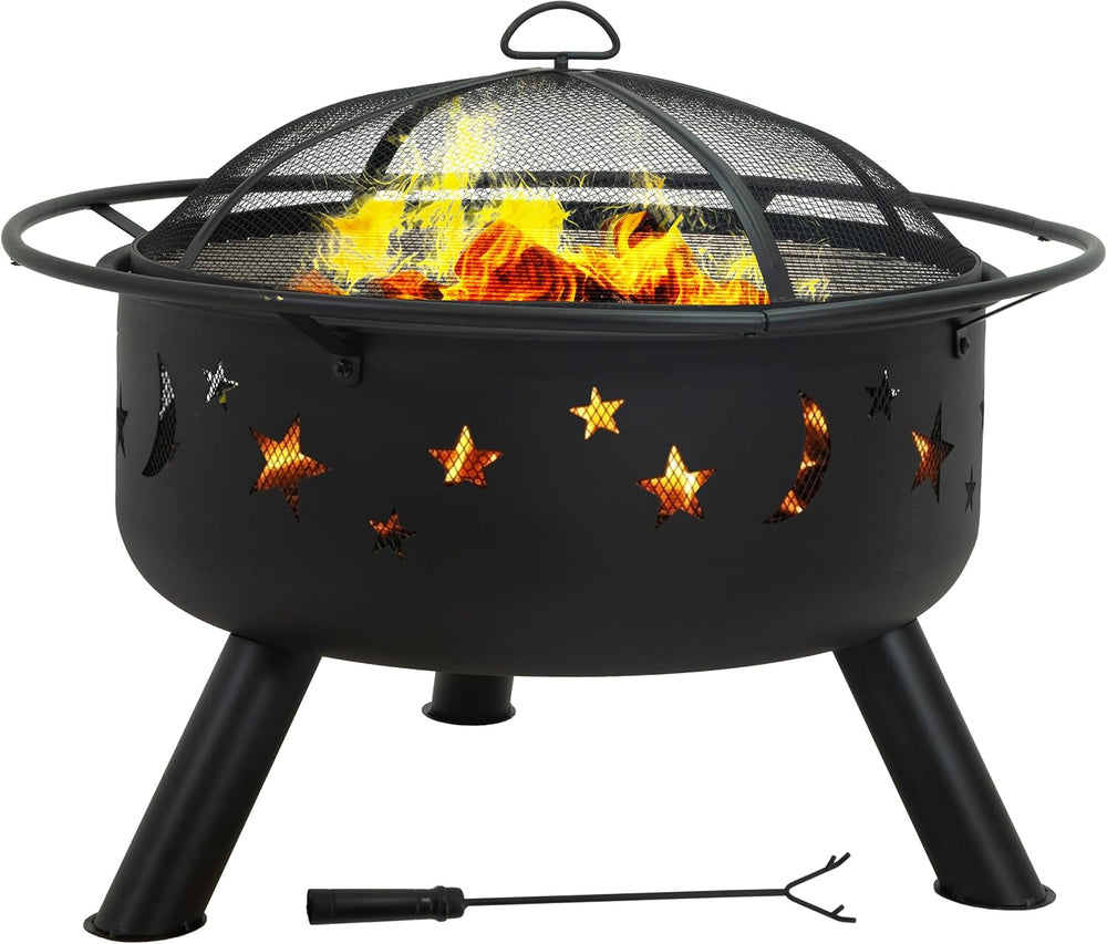 Sunnydaze Cosmic 30" Outdoor Wood Fire Pit with Grill Grate, Steel, Black
