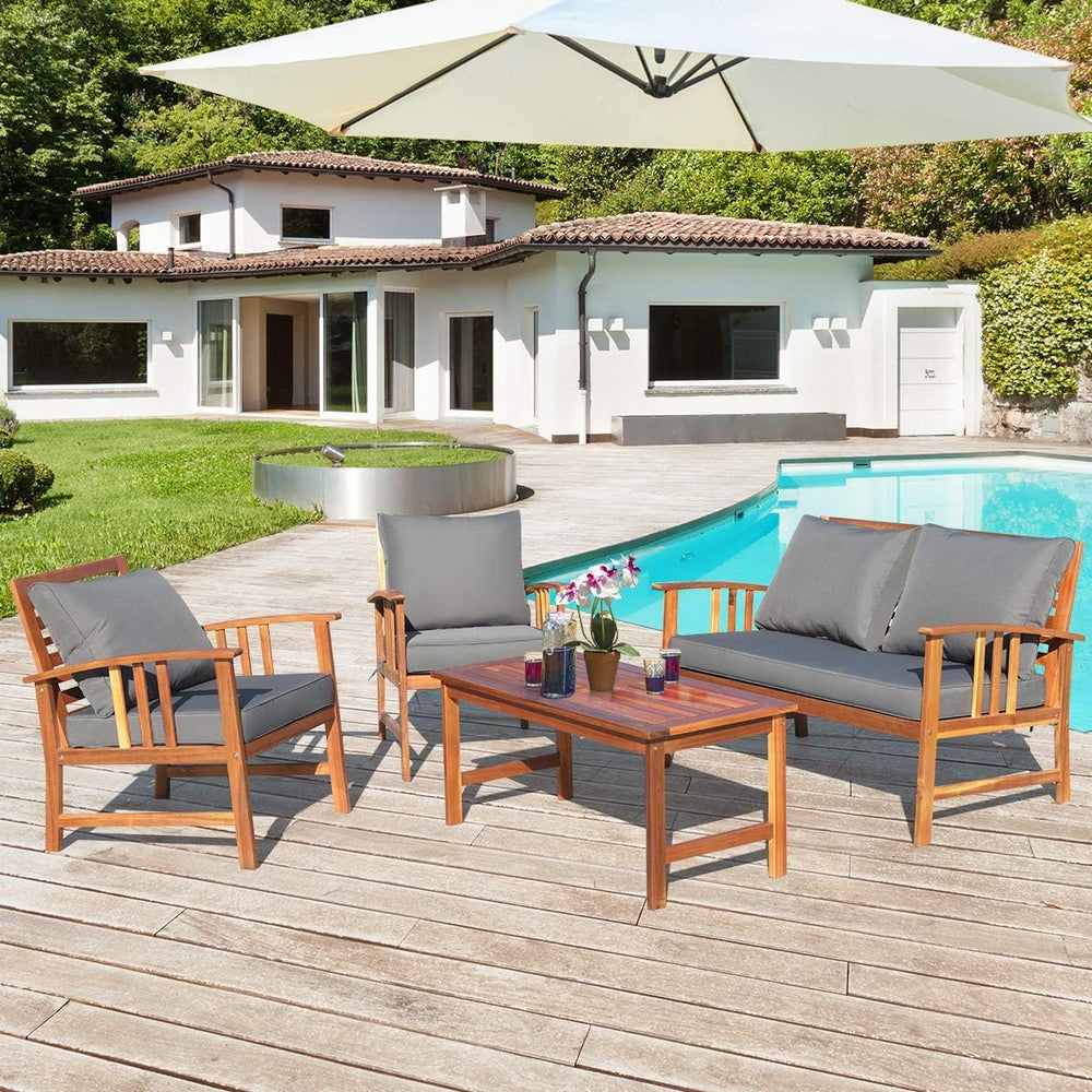 Tangkula 4 Pieces Acacia Wood Patio Furniture Set, Outdoor Seating Chat Set w...