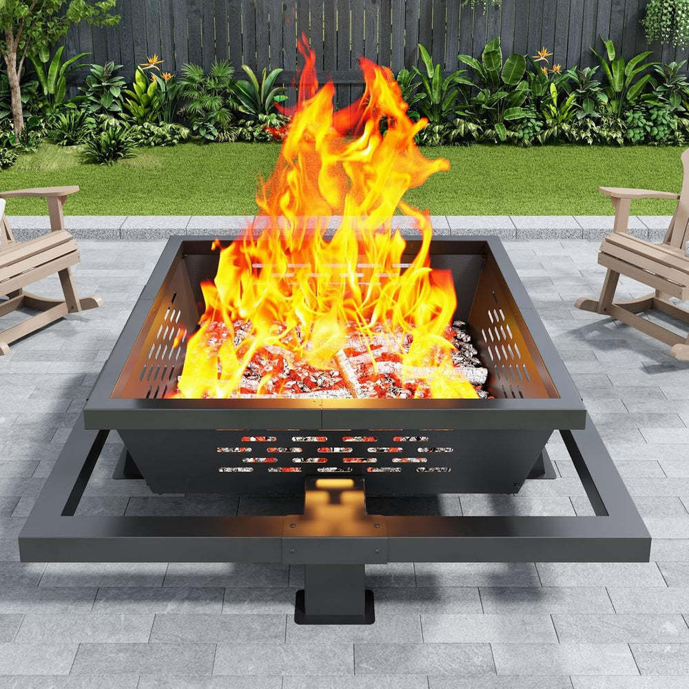 47" Large Fire Pit, Square Outdoor Fire Pit with Poker, Wood Burning Fir...