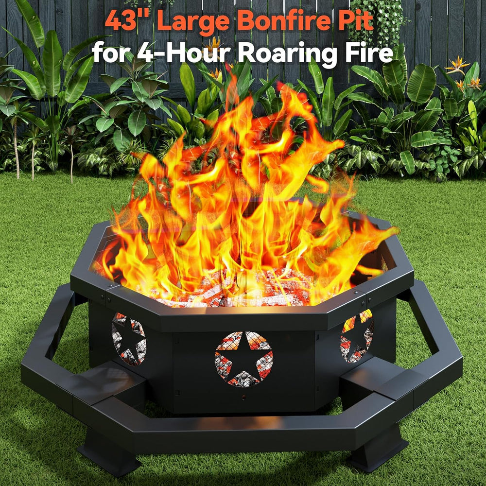 43 inch Large Fire Pit, Outdoor Fire Pit with Heavy Duty Construction, Wood B...