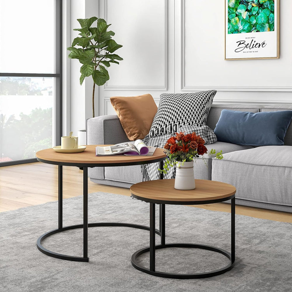 HOJINLINERO Round Nesting Coffee Table Set of 2,Cocktail Table,Large,Oak