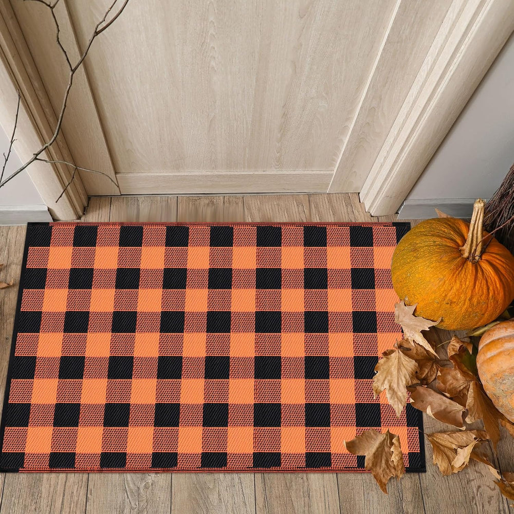 Tinideya 4' x 6' Fall Outdoor Rug, Plaid Buffalo, Orange and Black