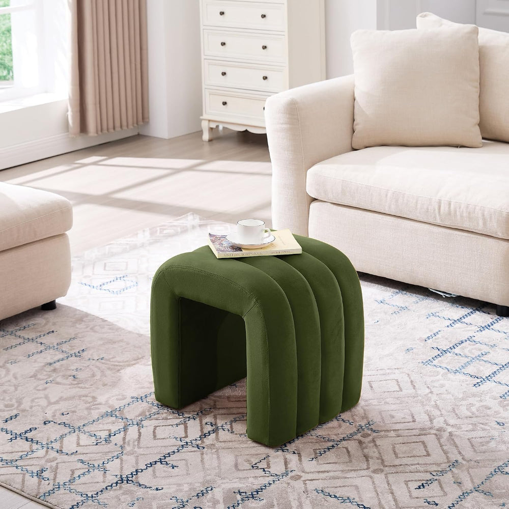 Olive Green Velvet Ottoman Stool, Small Vanity Stool