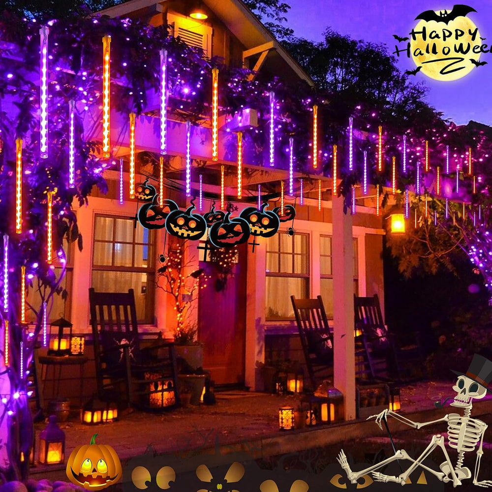 Halloween Meteor Shower Lights Outdoor 2 Pack 16 Tubes Orange and Purple