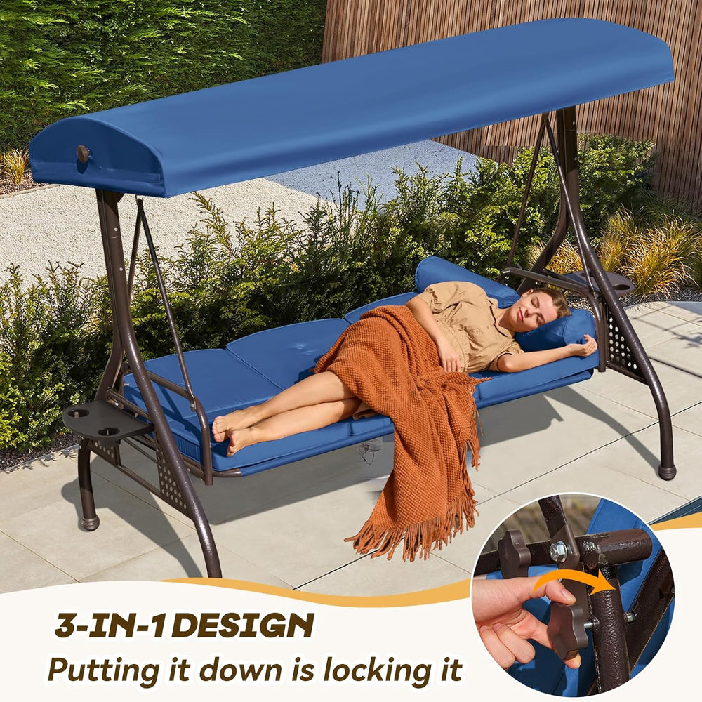 3 in 1 Outdoor Porch Swing with Adjustable Canopy, 3 Seat Outdoor Swing for A...
