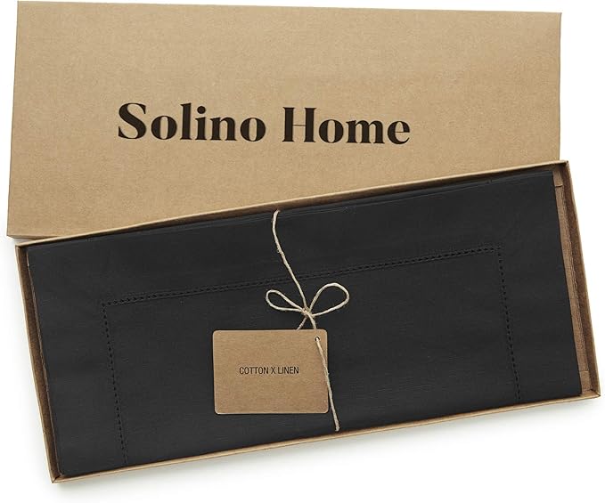 Solino Home Black Table Runner 108 Inches Long - Cotton Linen Hemstitch 14 x ...