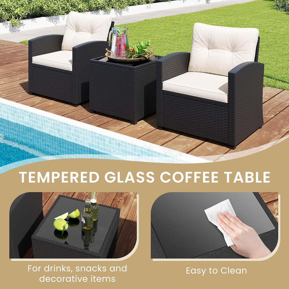 ORALNER 3 Pieces Patio Furniture Set, Black Wicker Bistro Set (White)