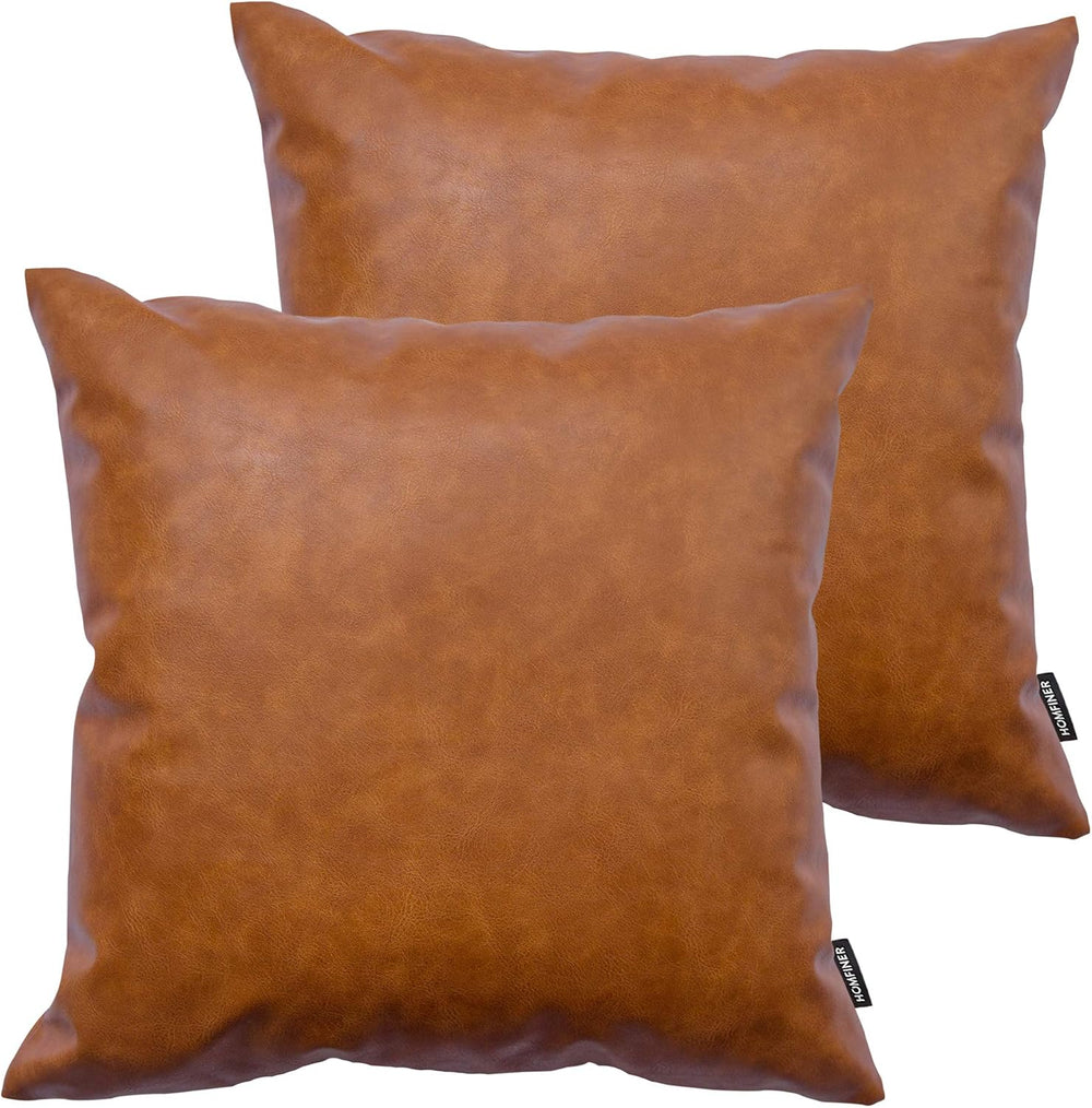 Faux Leather Throw Pillow Covers 20x20 inch Set of 2 Thick Cognac Brown Large...