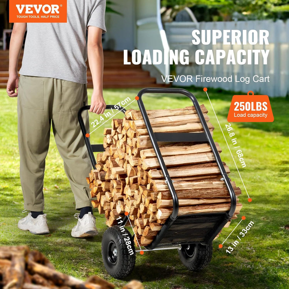 VEVOR Firewood Cart, 250 lbs Capacity, Black Heavy Duty Steel Dolly Hauler wi...