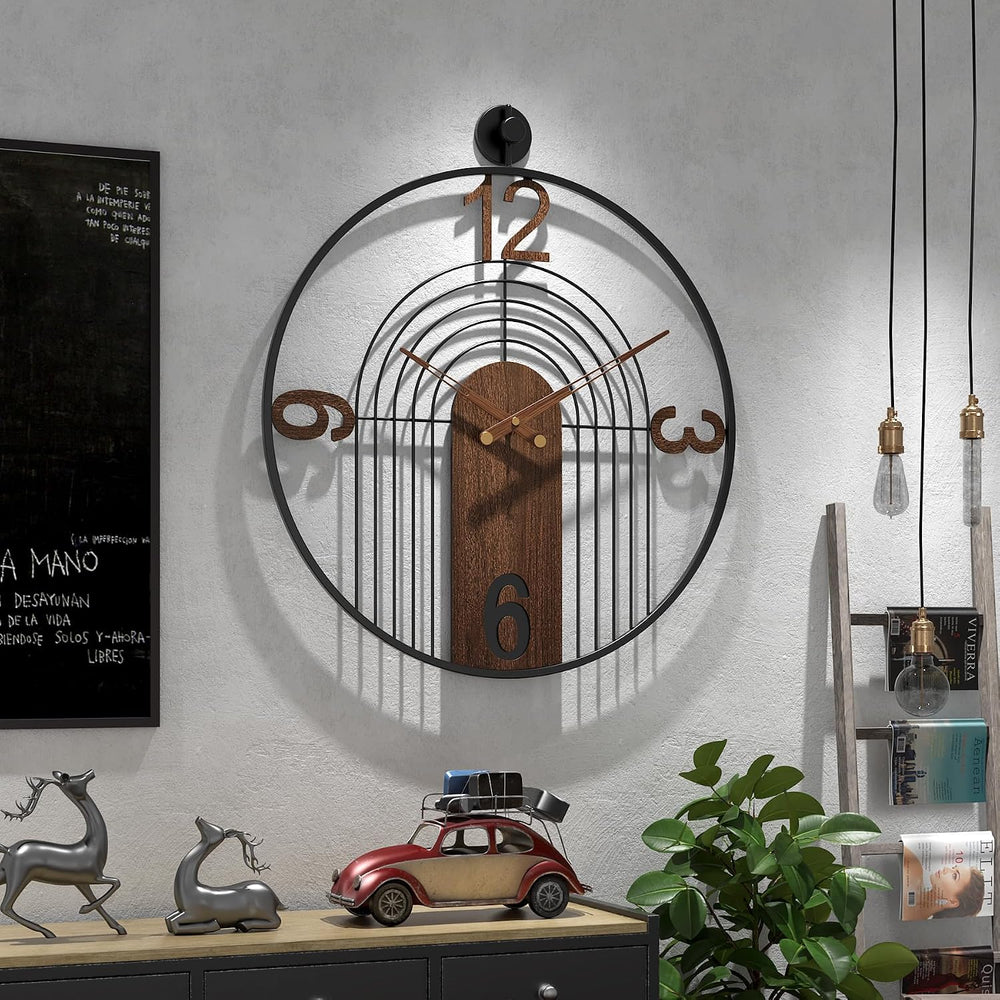 Modern Large Walnut Dial Wall Clock, Wood Metal Frame Silent Non Ticking Wall...
