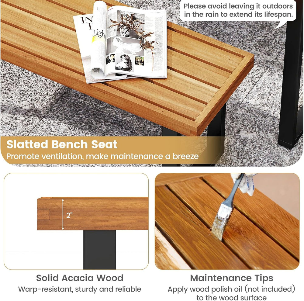 Tangkula Acacia Wood Outdoor Bench, 48" Long Patio Dining Bench w/Metal ...