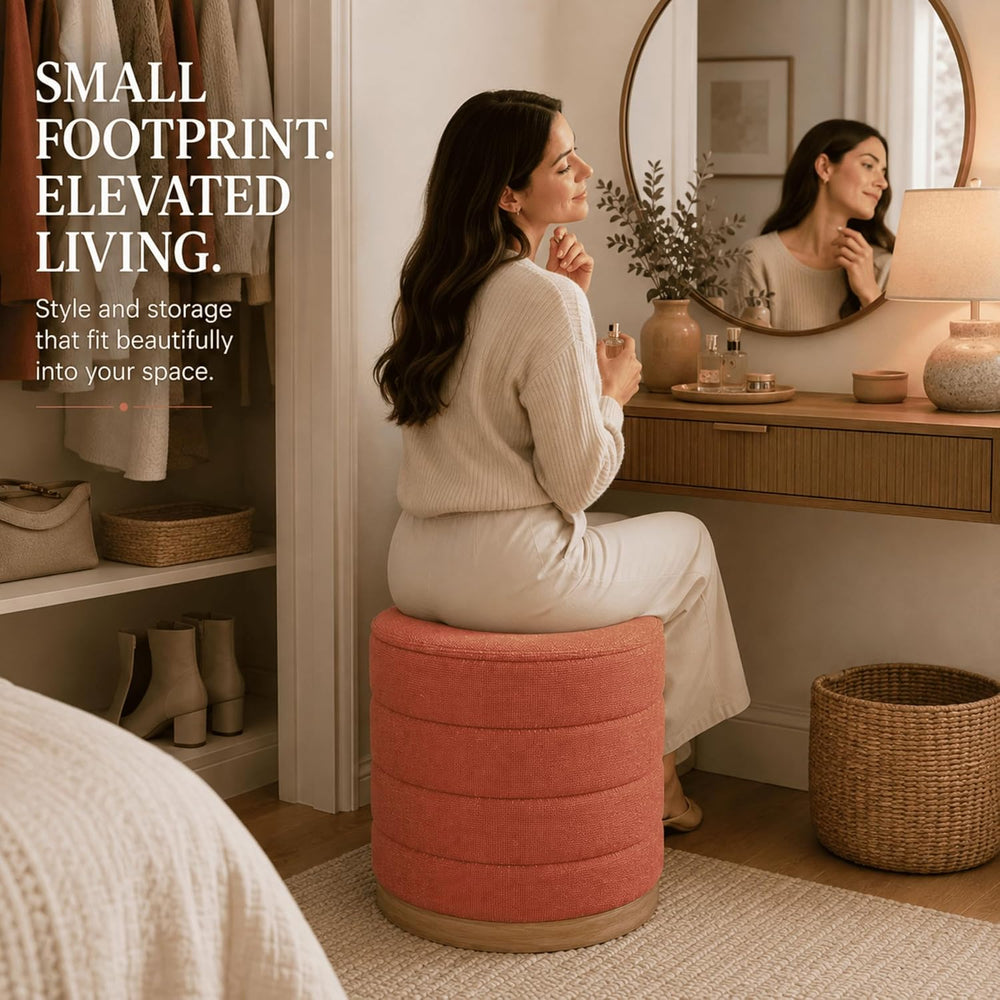 Linen Storage Ottoman Round Footrest with Hidden Storage, Coral Orange 16&quo...
