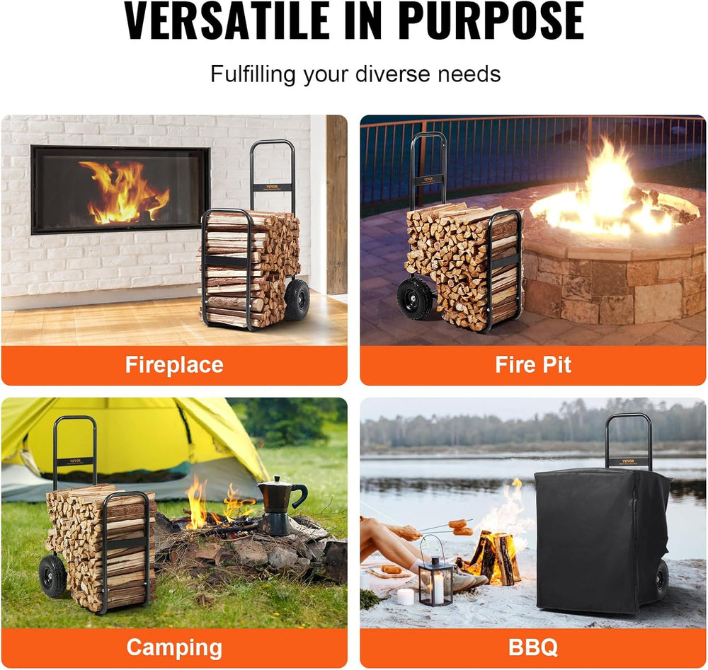 VEVOR Firewood Cart, 250 lbs Capacity, Black Heavy Duty Steel Dolly Hauler wi...