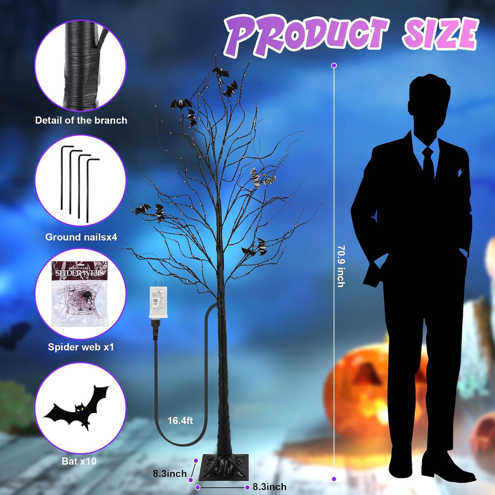 Halloween Lighted Tree with 260 LED Lights, 6FT Black Halloween Tree with Tim...