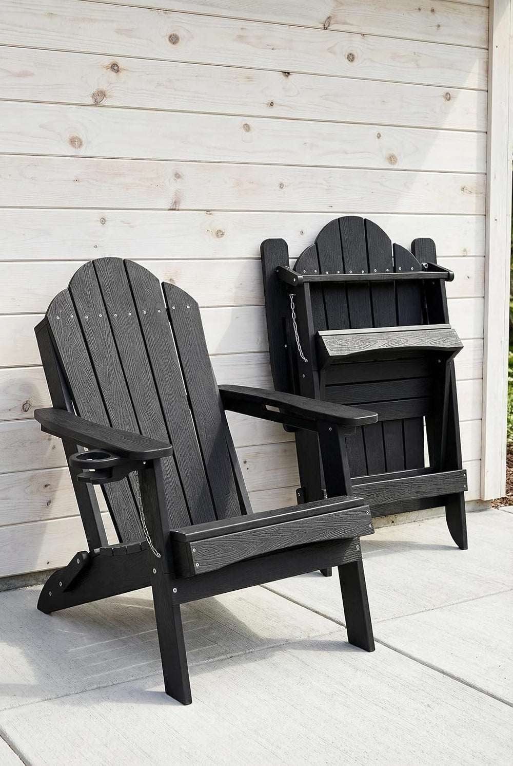 LUE BONA HDPE Folding Adirondack Chair, Cup Holder, Set of 4, Black