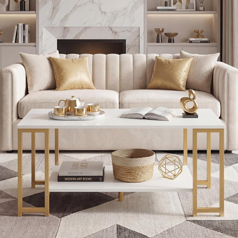 GIANTEX 2-Tier Coffee Table with Storage, 39.5" Center Table, Gold &...