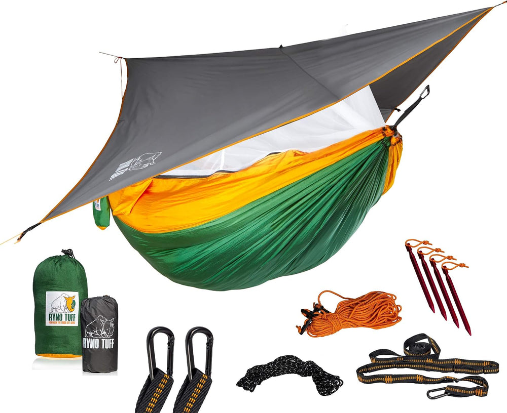Ryno Tuff XL 2 Person Camping Hammock with Mosquito Net & Rain Fly - Comp...