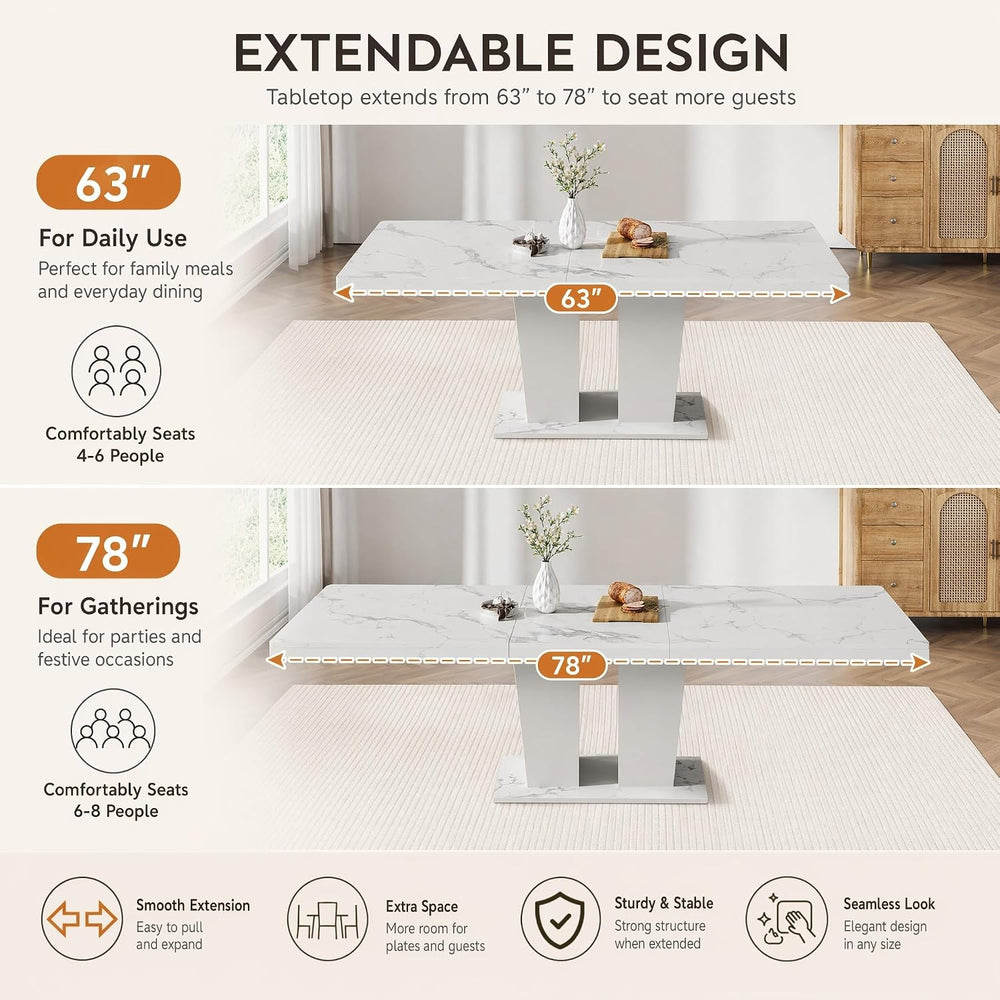 HomVent White Faux Marble Expandable Dining Table Set for 6