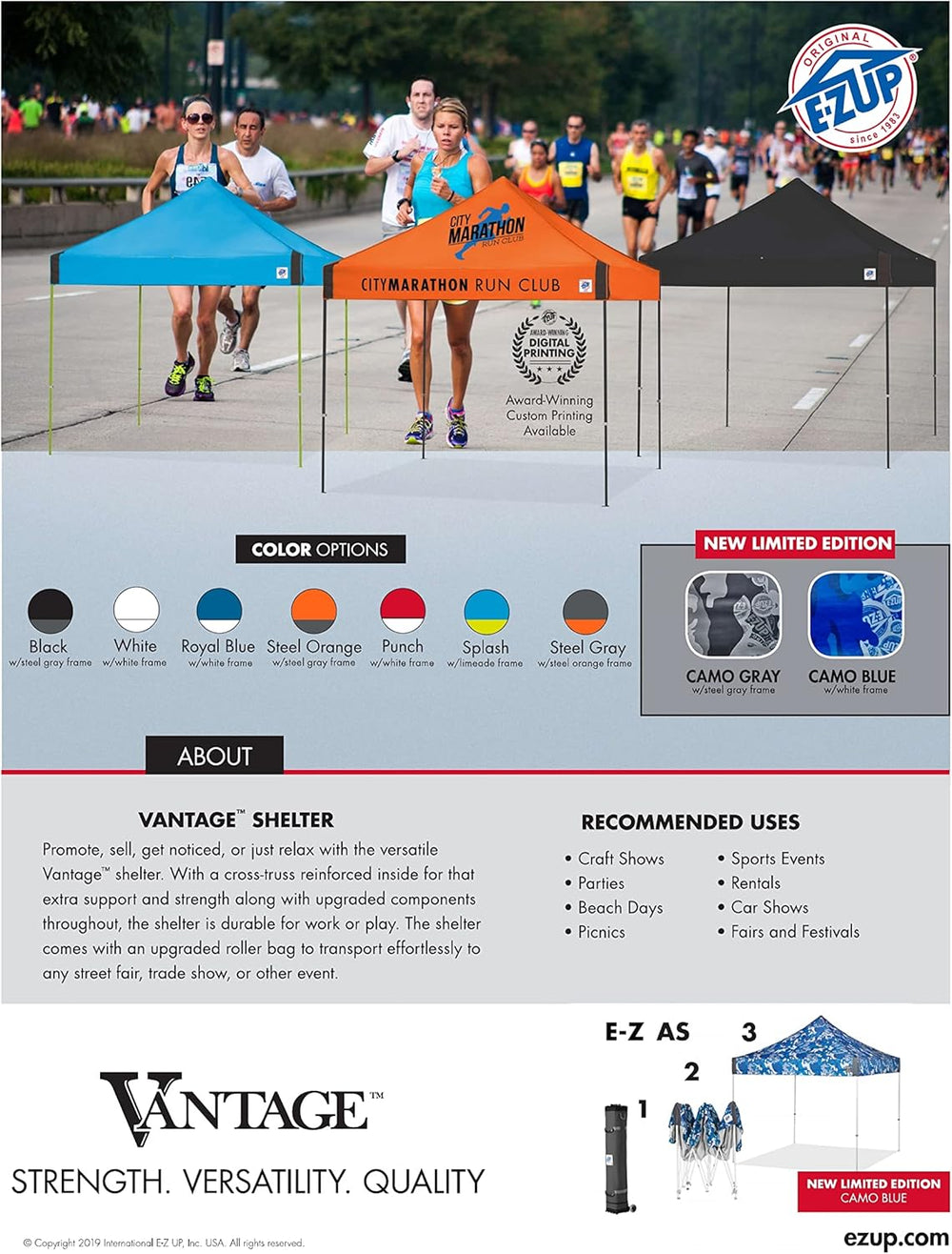 E-Z UP 10x10 Vantage Pop Up Canopy Tent, Steel Frame, Black Top, Wide-Trax Ro...