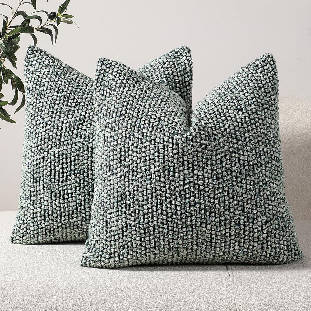 DEZENE Striped Throw Pillow Covers 20x20 Set of 2 Green Textured Boucle Chic ...