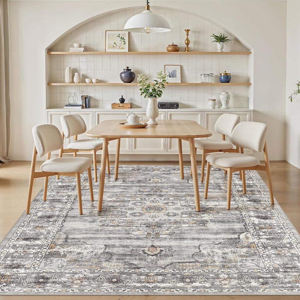 Vintage Washable 7x9 Area Rug, Non-Slip Indoor Carpet, Grey