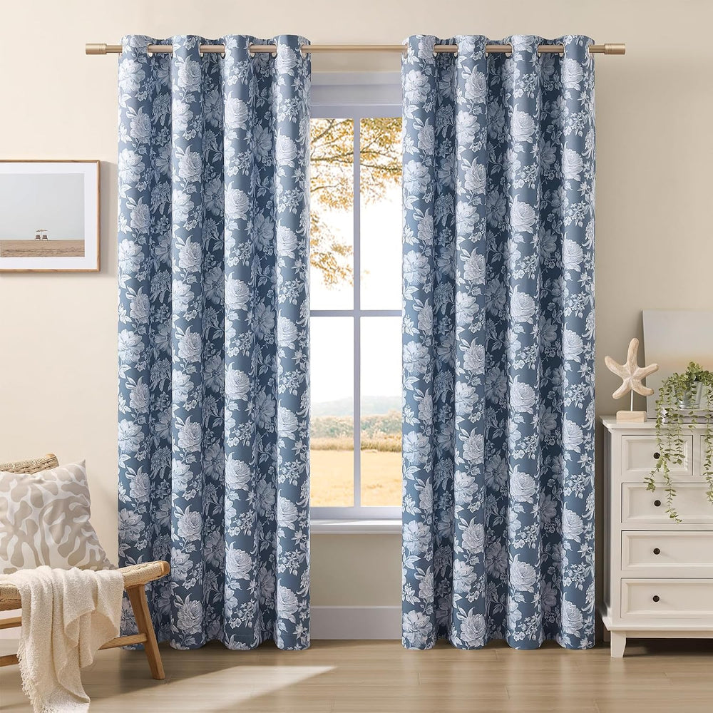 Blue Floral Curtains 96 Inches Long 2 Panels for Living Room Grommet Modern M...