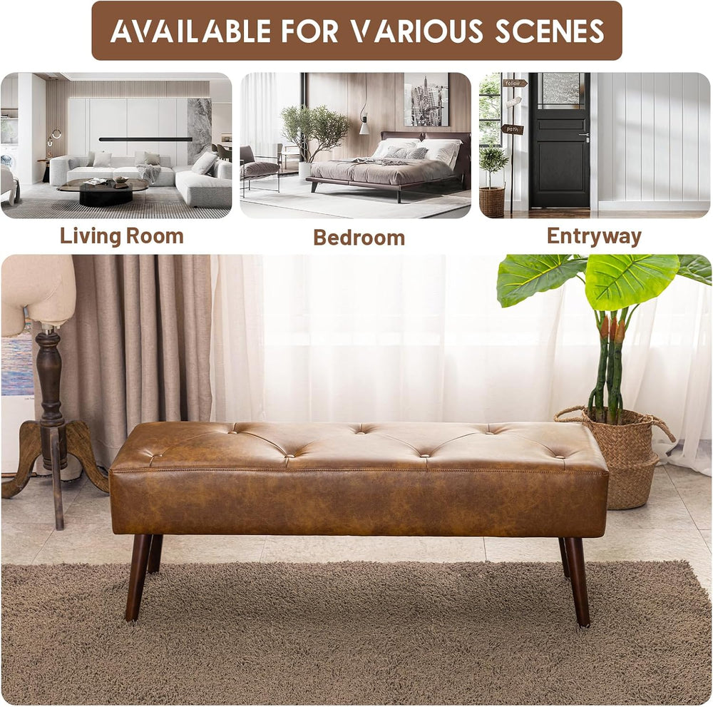 Furniliving 44 Inch Tufted Leather Bench, Leather Footrest Stool Bedroom Benc...