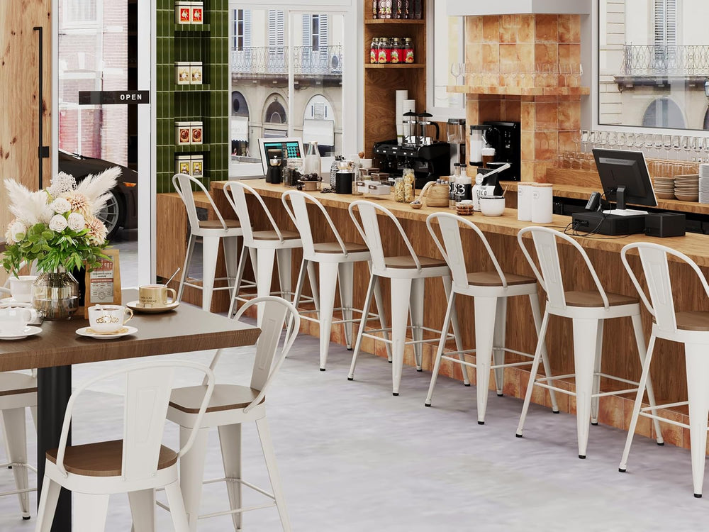 Andeworld Metal Bar Stools Set of 4,24" Counter Height with Backs,Off White