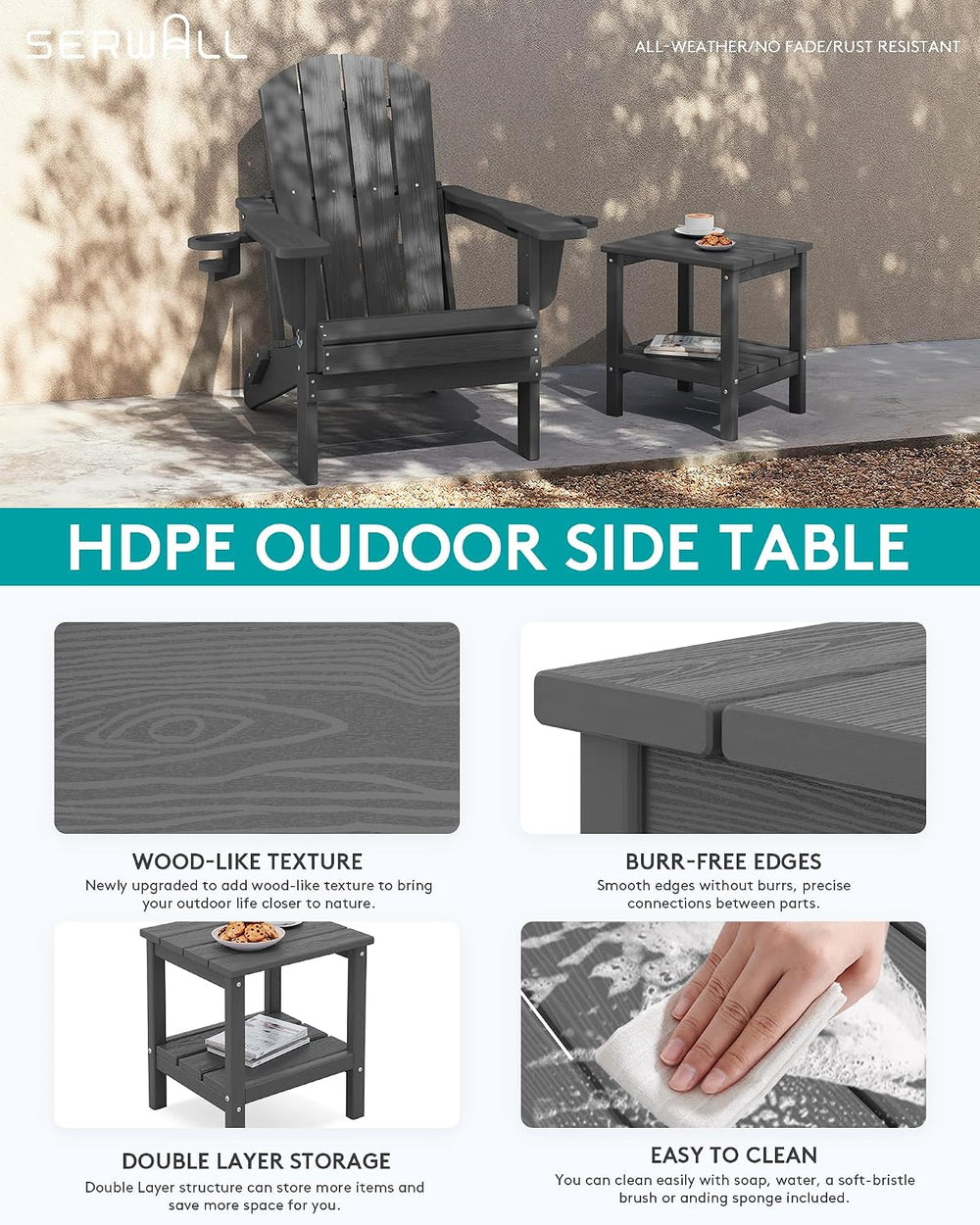 SERWALL 2-Tier HDPE Outdoor Side Table, Weatherproof Rectangular Adirondack S...