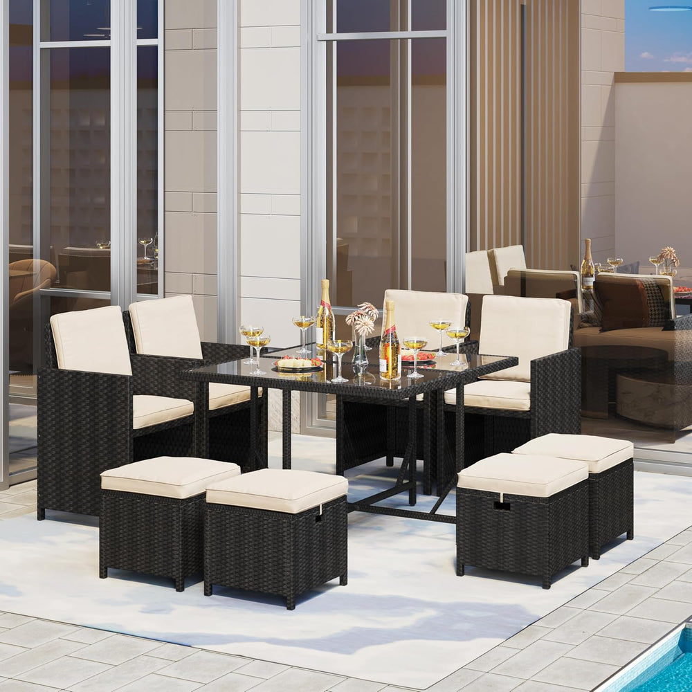 Yaheetech 9 Pcs Patio Dining Sets, Rattan Chairs w/Glass Table Black/Beige