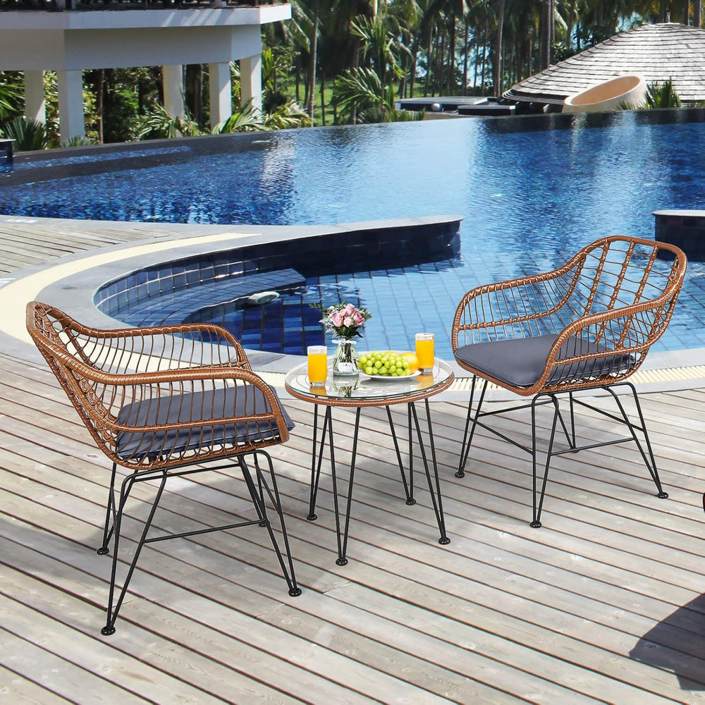 Tangkula 3 Pieces Patio Conversation Bistro Set, Outdoor Wicker Furniture w/R...