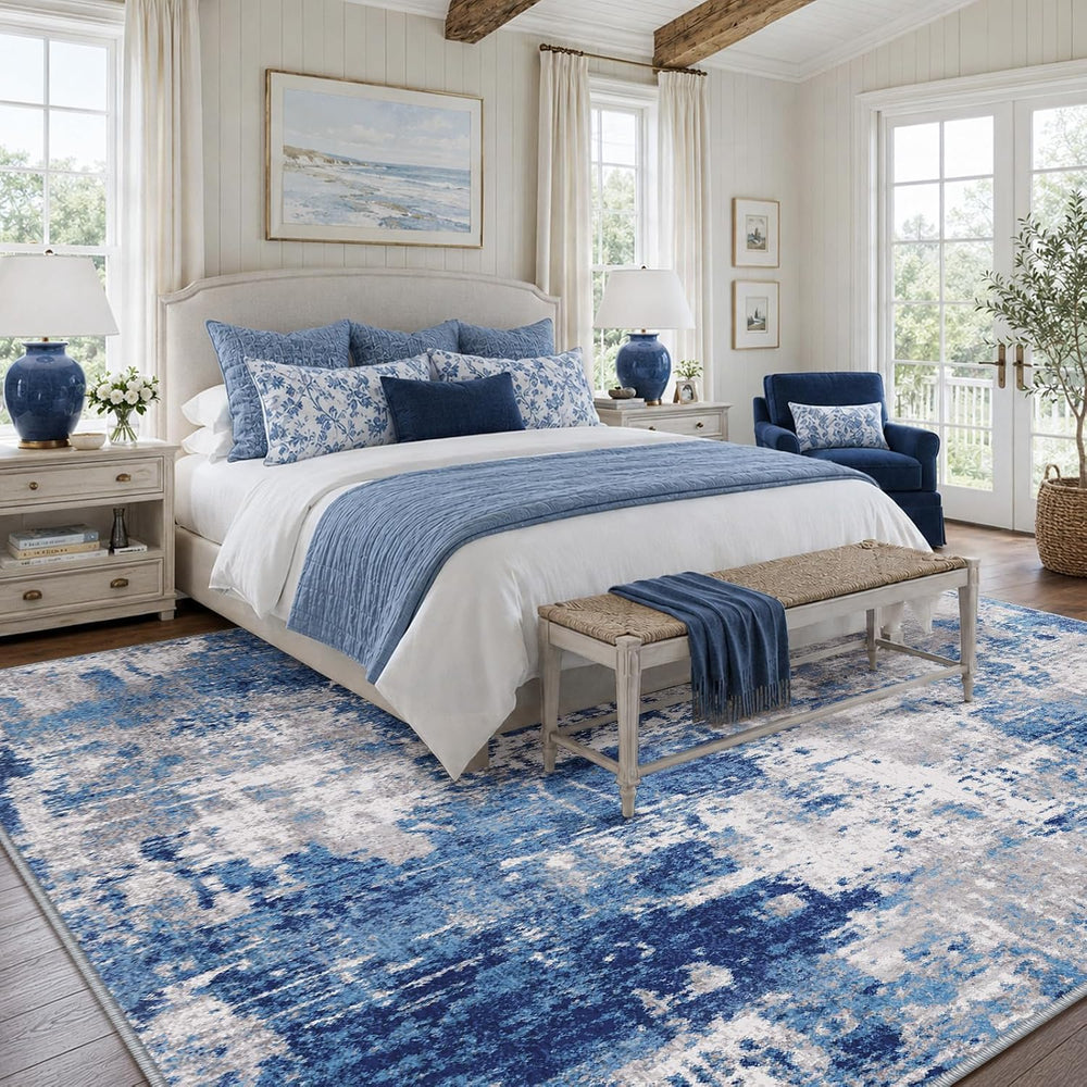 RELEANY Washable 9'x12' Abstract Area Rug for Living Room Blue Gray