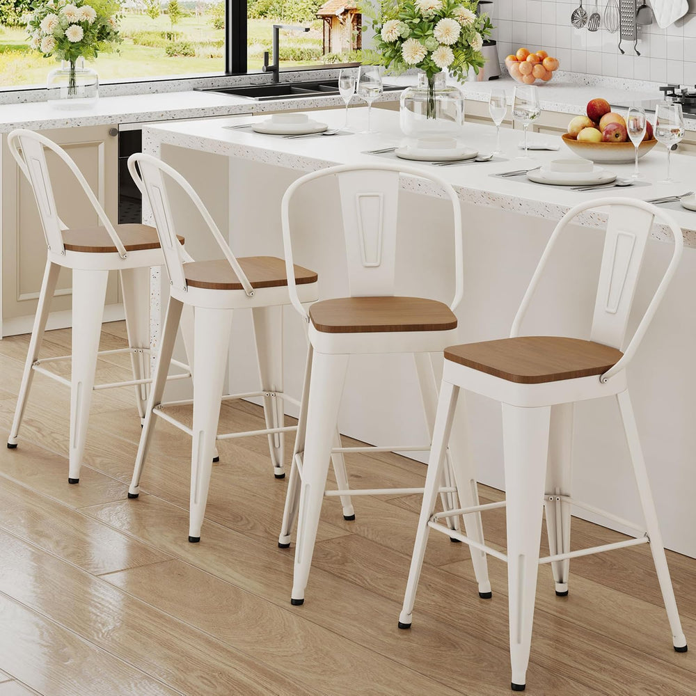 Andeworld Metal Bar Stools Set of 4,24" Counter Height with Backs,Off White