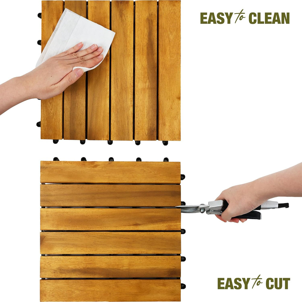 Acacia Wood Interlocking Deck Tiles, Patio & Backyard Tile, 12 in, 9 PCS