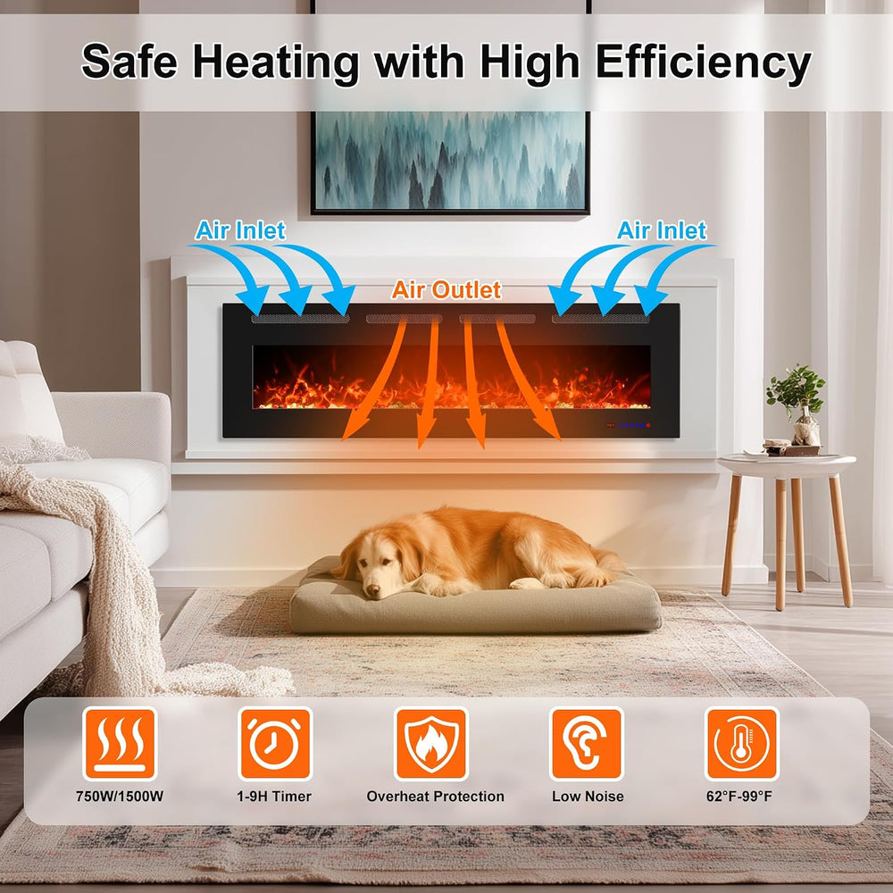 72" Ultra-Thin Electric Fireplace, Recessed/Wall, WiFi App, Black