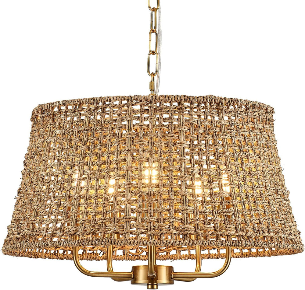 19.7" Boho Rattan Chandelier, 5-Light Gold Wicker Light Fixture