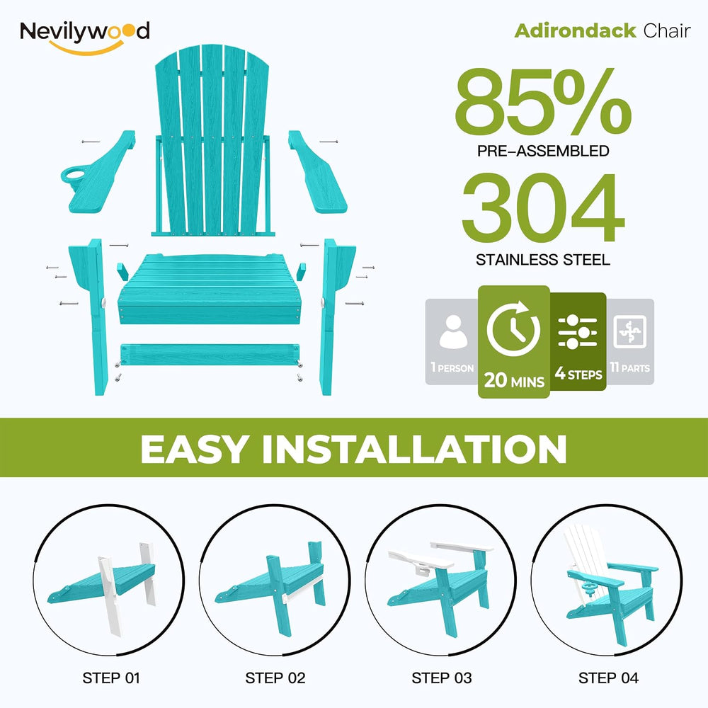 nevilywood Folding Adirondack Chair, HDPE Ergonomic Cup Holder, Aruba