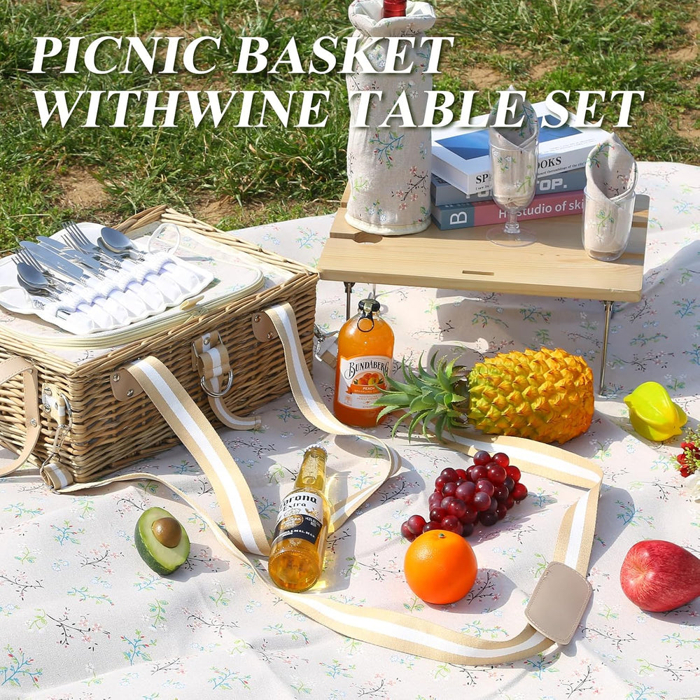 Picnic Basket for 4 with Folding Table and Wine Pouch