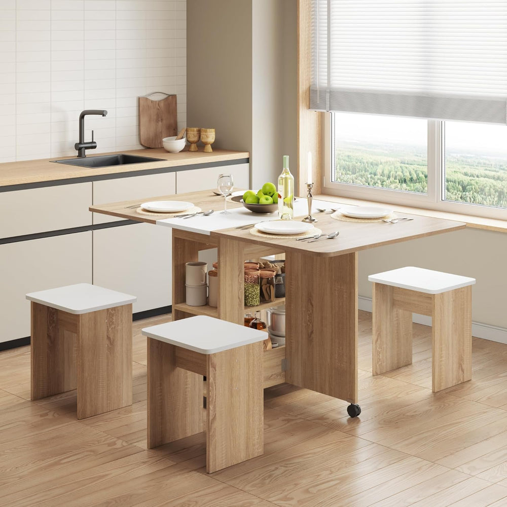Mondeer Folding Dining Table with 4 Chairs for Small Spaces, Natural Wood