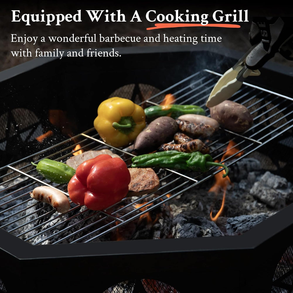 Verdelxue 35 Inch Octagonal Fire Pit with Cooking Grill Wood Burning Black