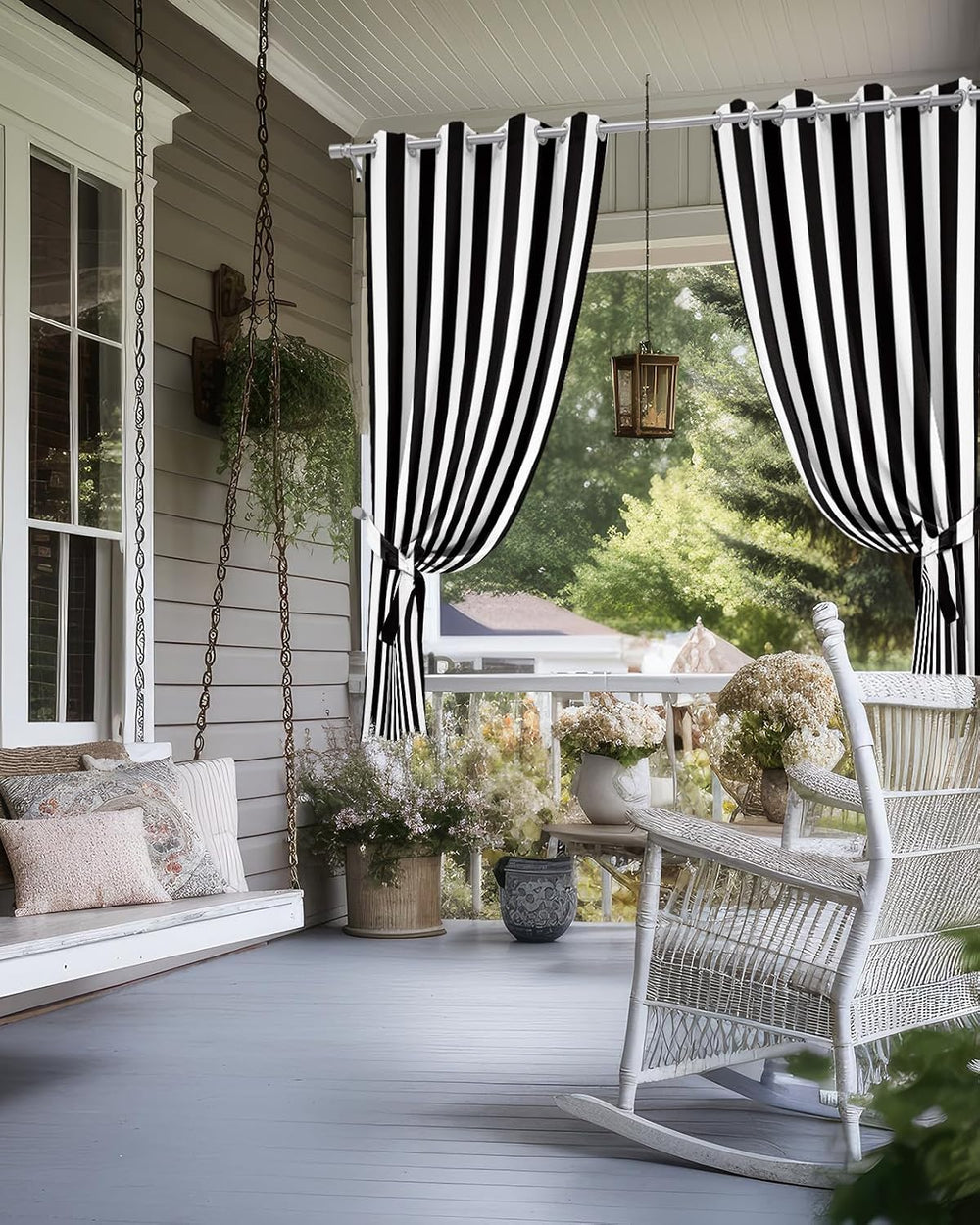 Outdoor Curtains for Patio Waterproof Black and White Stripe Indoor/Outdoor C...