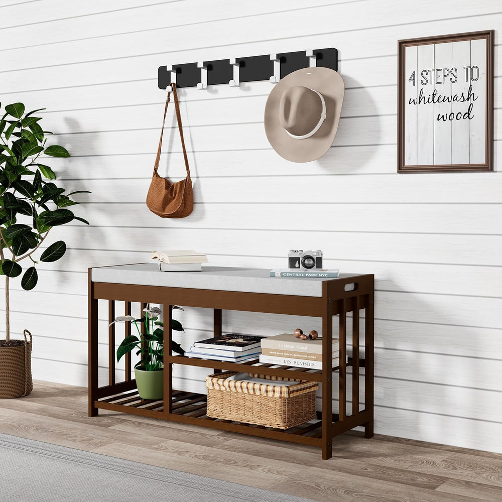 Bamboo Shoe Storage Bench with Cushioned Seat 3-Tier Entryway Shoe Rack