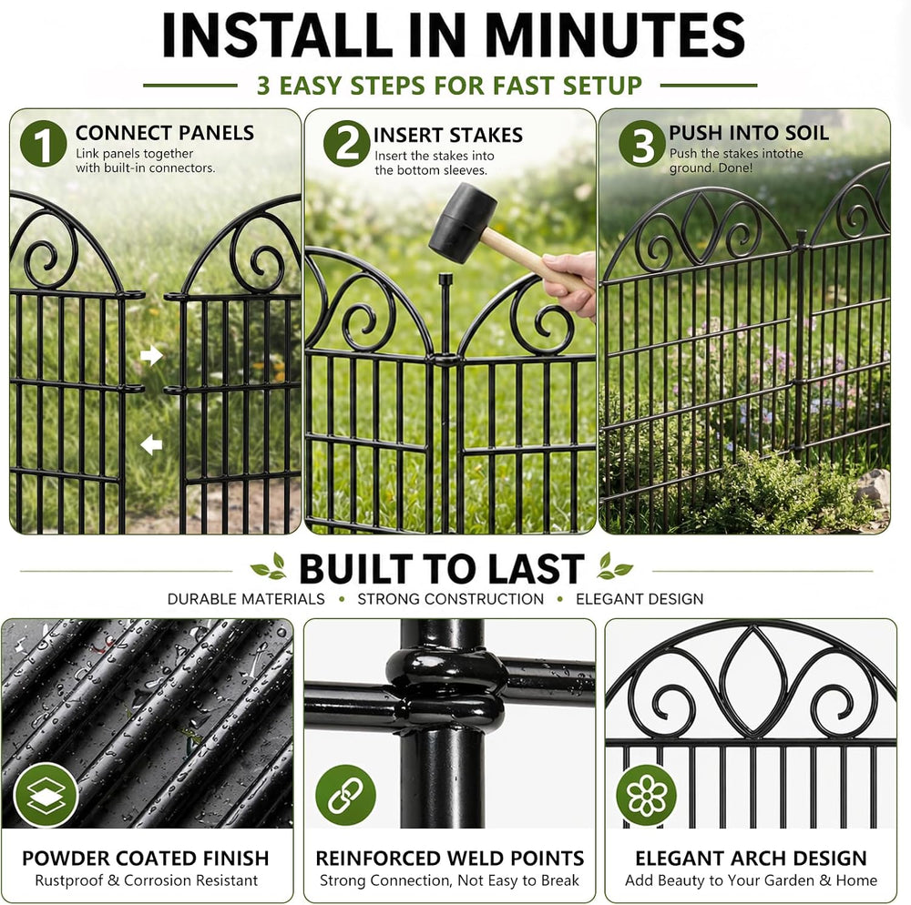 No Dig Garden Fence Outdoor for Yard, 5 Panels with Gate