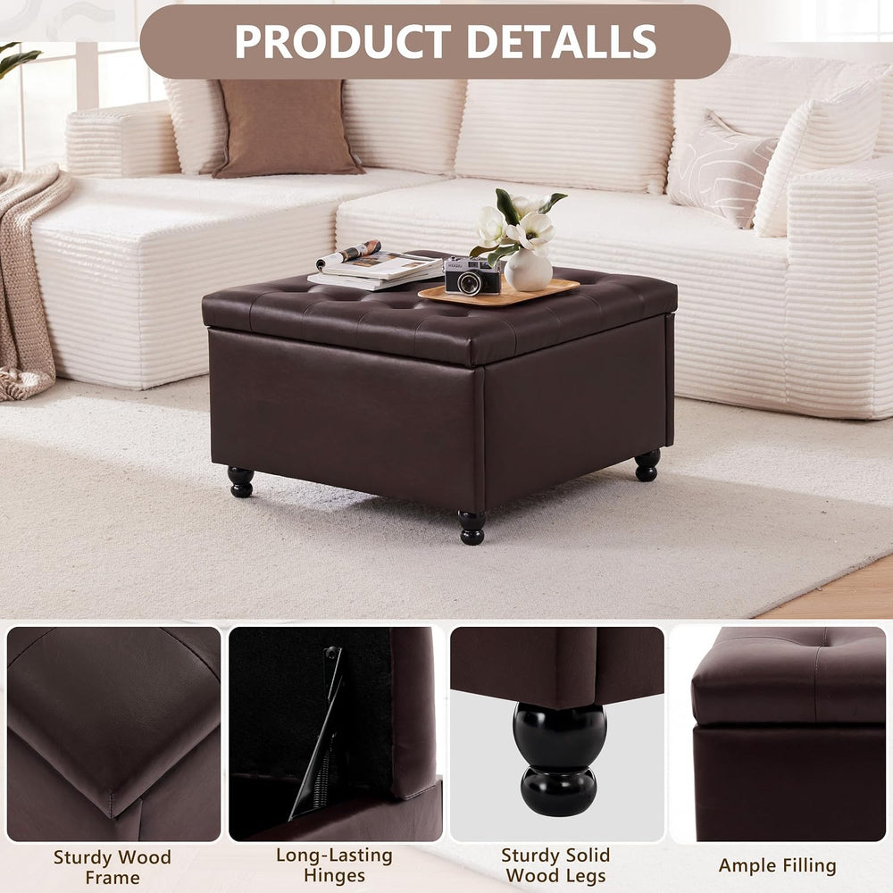 28" Large Square Ottoman with Storage, Leather Ottoman Coffee Table, Brown