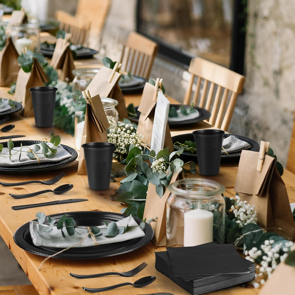 Kochorie 480 Pieces Black Plastic Dinnerware Set for 60 Guests Disposable Hea...