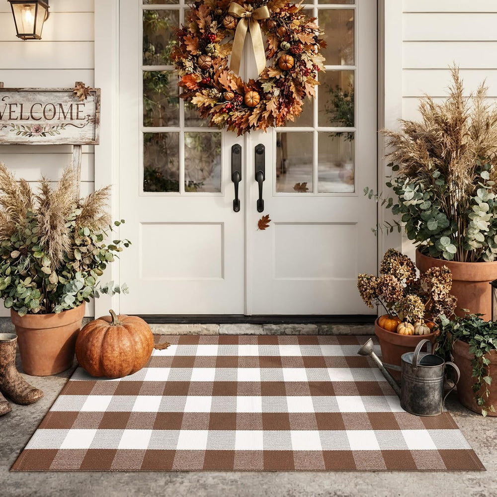 Fall Front Door Mat 3'x5' Buffalo Plaid Checkered Outdoor Rug Brown
